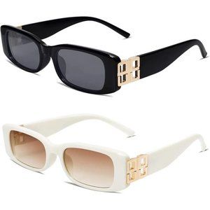 2 Pack Womens Rectangle Cat Eye Thin Sunglasses for Women 90s Retro Trendy